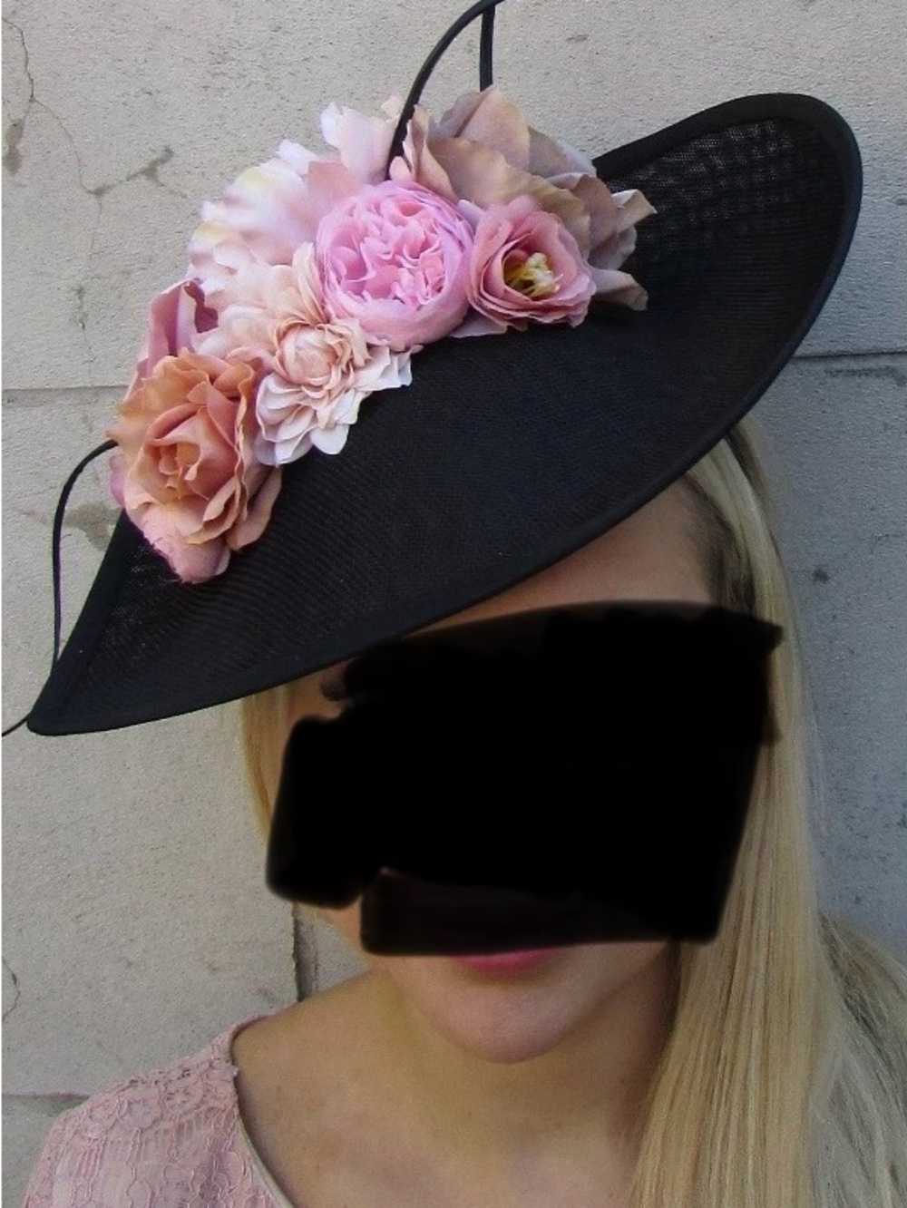 Black Fascinator Headband with Blush and Beige Floral Accents - Picture 3 of 3